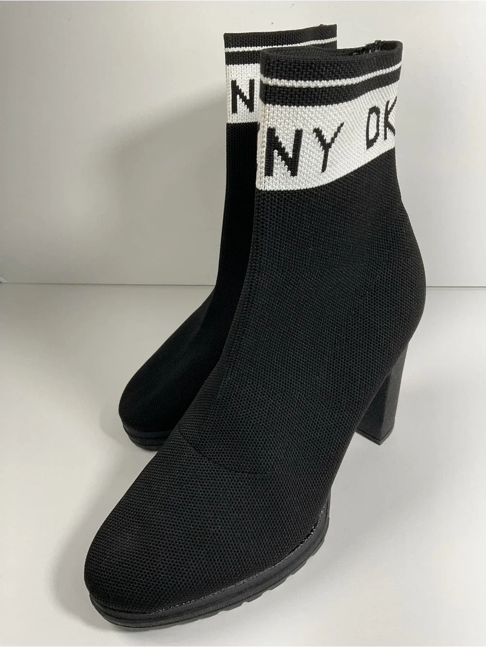 DKNY Black Knit Logo Sock Ankle Bootie Slip On Stretch Block Heel US 9.5 - Picture 3 of 8